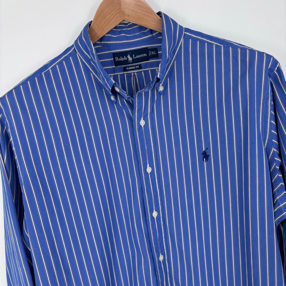 Polo Ralph Lauren Poplin Button Down Shirt Mens XL Blue Striped Classic Fit Prep